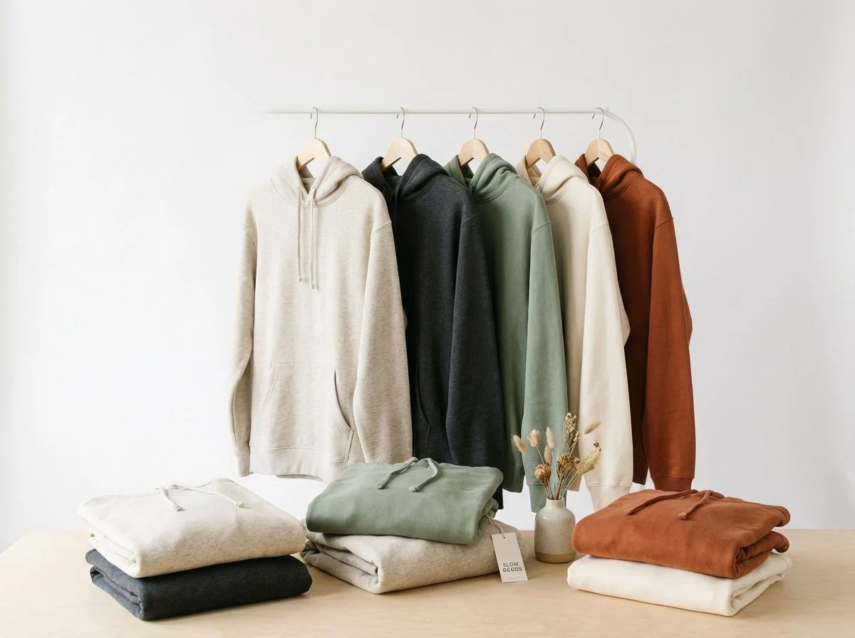 Colorful hooded sweatshirts hanging on a clothing rack, with folded sweatshirts and a small vase with dried flowers on a table below.