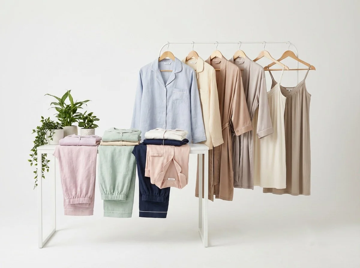 Clothing display with pajamas, robes, and nightgowns in pastel and neutral colors, along with potted plants on a white table.