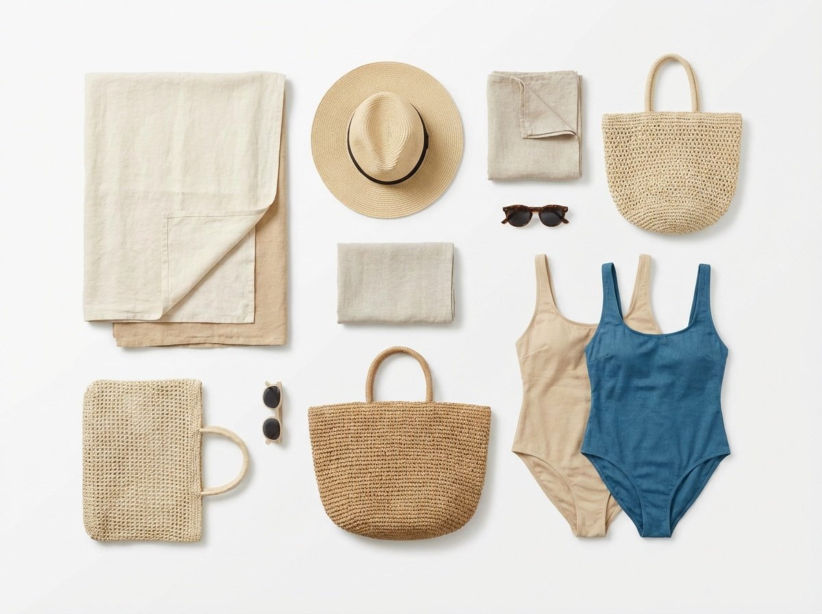 Flat lay of summer accessories and clothing, including two linen towels, a straw hat, a folded linen cloth, a woven tote bag, two pairs of sunglasses, a smaller woven bag, and two one-piece swimsuits in blue and beige.