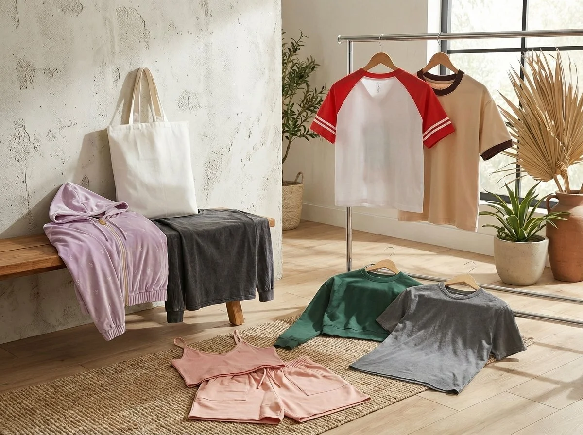Clothing display with T-shirts and hoodies on a hanging rack, table, and floor, with potted plants in background.