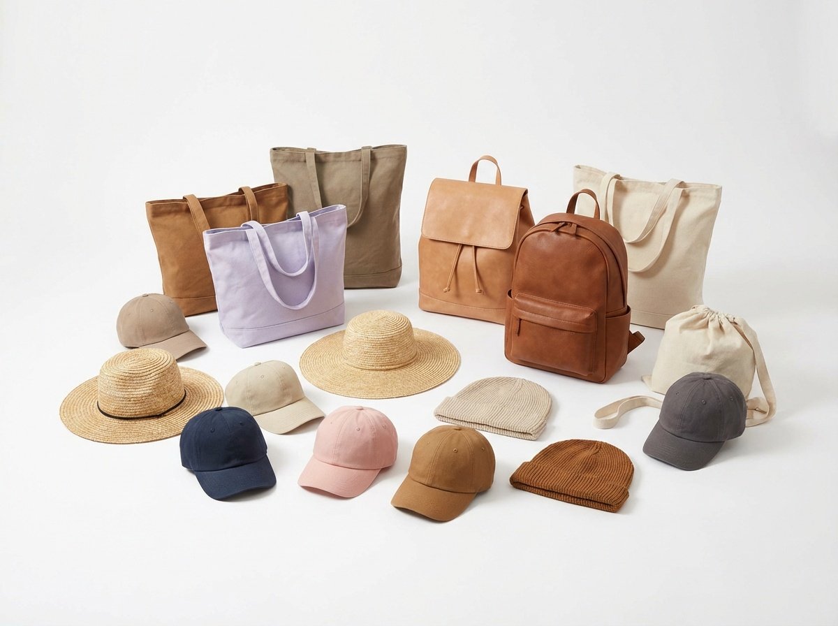 Collection of beige, brown, pink, navy, and gray hats, and beige and lavender tote bags and backpacks arranged on a white background.