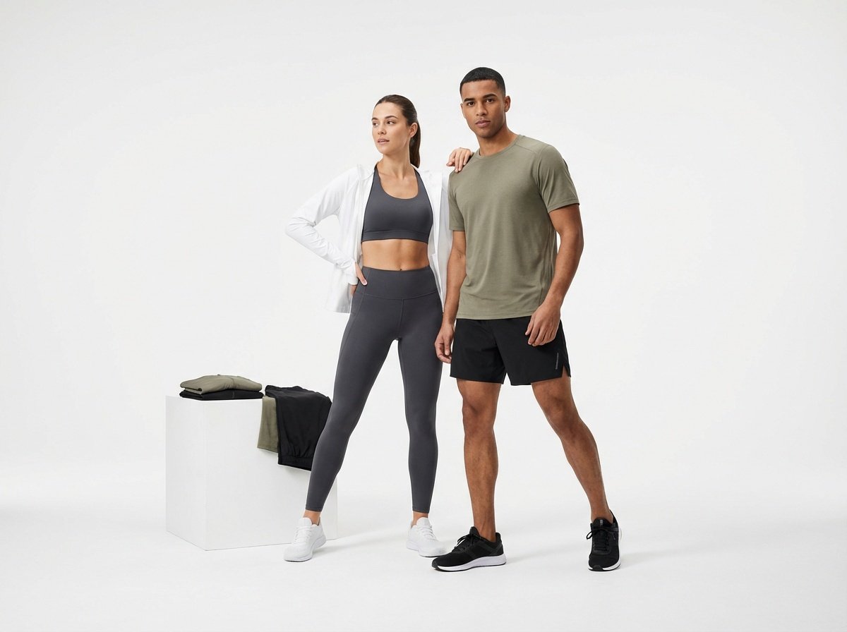 Two models, a woman and a man, standing against a plain white background, dressed in athletic workout clothes. The woman is wearing a dark sports bra, high-waisted leggings, white sneakers, and a white jacket, and has her hand on her hip. The man is wearing a green t-shirt, black shorts, and black sneakers with white soles, with one hand resting on the woman's shoulder. A white pedestal with folded clothes is beside them.