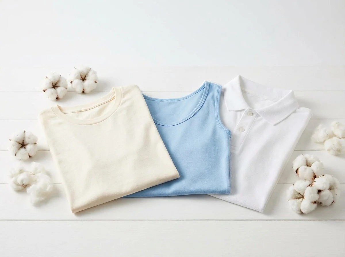 Three folded t-shirts in cream, blue, and white on a white wooden surface with cotton flower decorations around them.