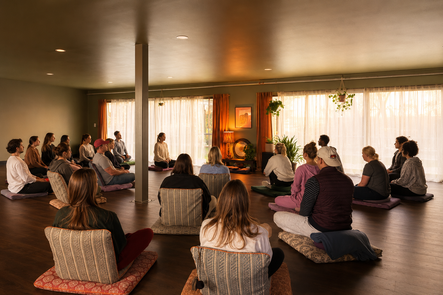 Meditation practitioners sitting on cushions in a dharma and breathwork class at Sukha Yoga Austin. The room is cozy with large windows and warm lighting.