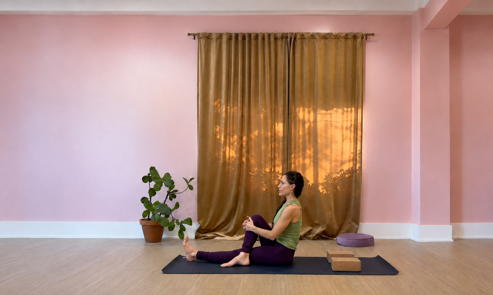 Erinn Arizcorreta at Sukha Yoga Tarrytown. The room has soft pink walls, golden curtains, a potted plant, yoga mat, cork blocks, and a lavender meditation cushion. She is seated in gentle twist to restore and release tension.