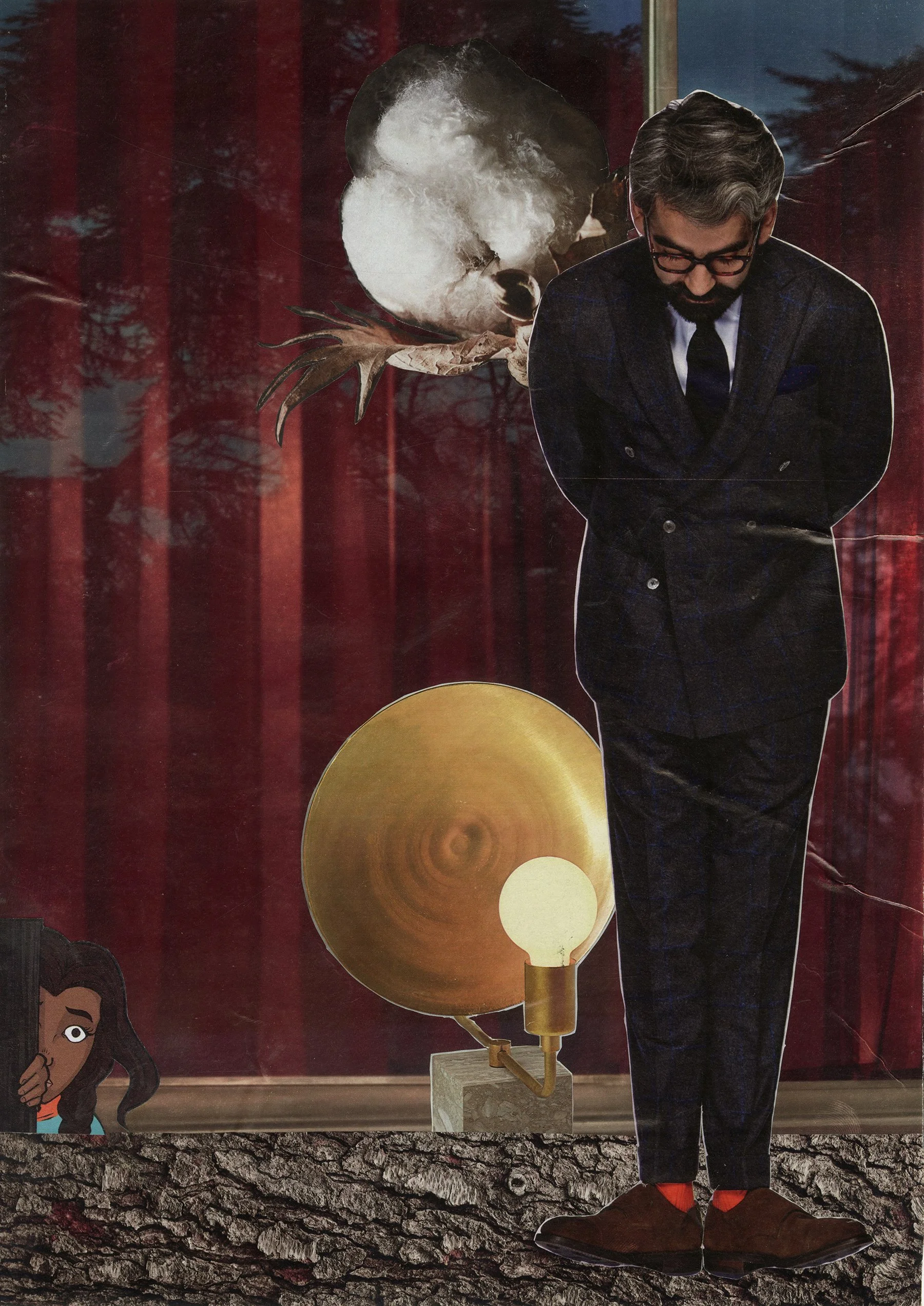 A collage featuring a man with glasses in a suit standing with crossed arms, a cartoon girl peeking from the bottom left, a large golden record or disc, a vintage-style lamp with a glowing bulb, and a dark background with red curtains and abstract clouds.