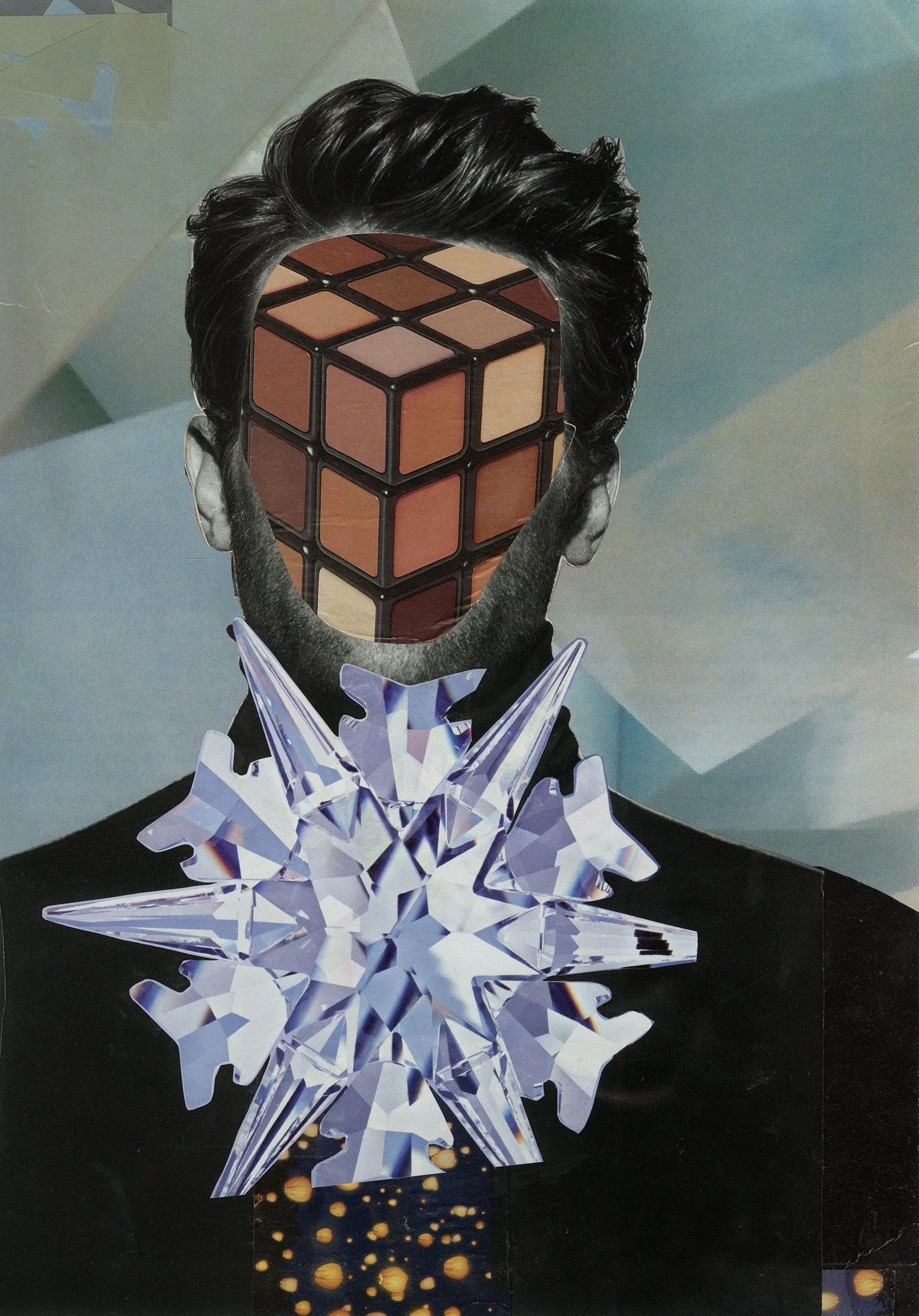 Collage of a man with a Rubik's Cube face and an icy snowflake necklace.