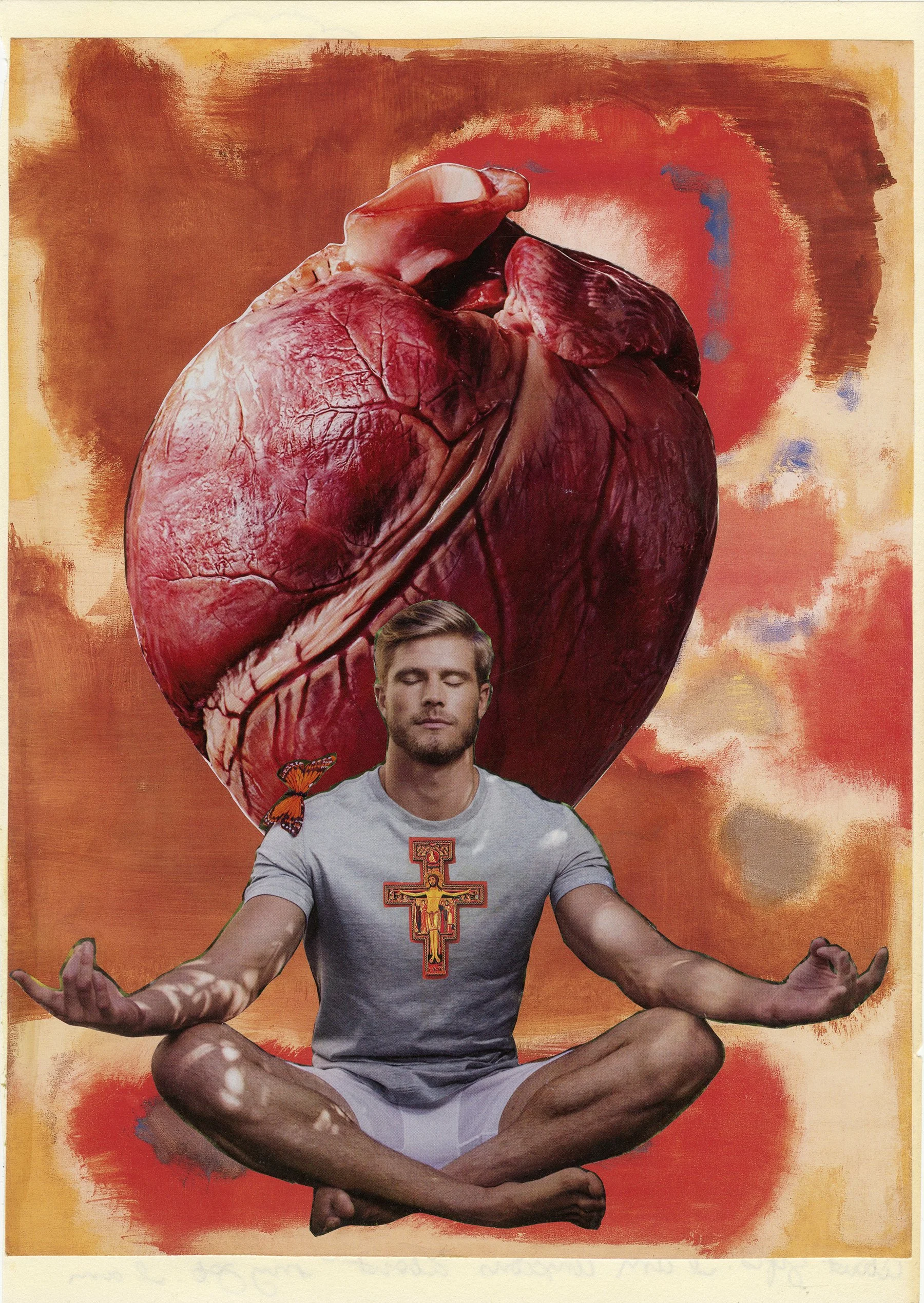 A collage featuring a man in a meditative pose, sitting cross-legged with eyes closed. Behind him is a large, realistic image of a human heart, set against a colorful abstract background with warm hues.