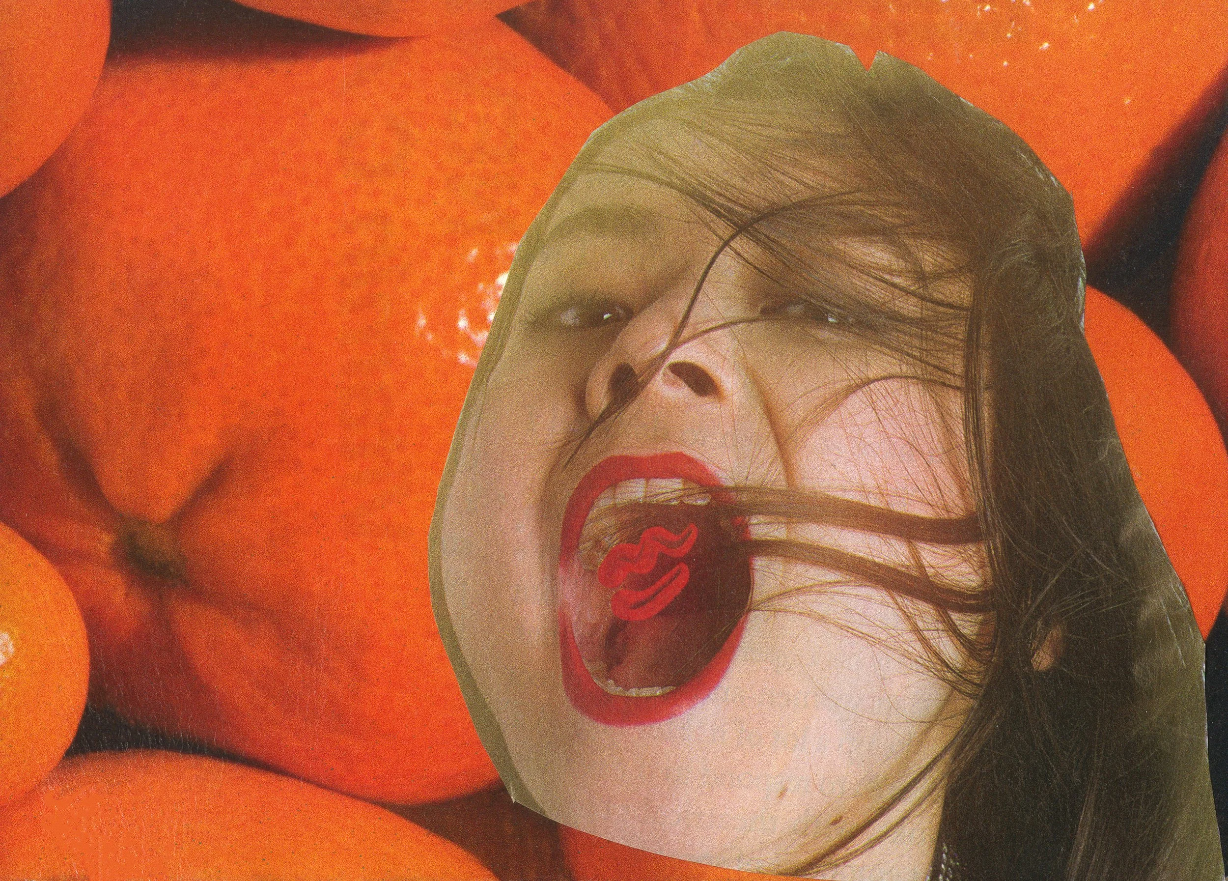 A collage of oranges with a woman's face and mouth superimposed onto one orange in the center. The woman's face has an open mouth with red lipstick and windblown hair.