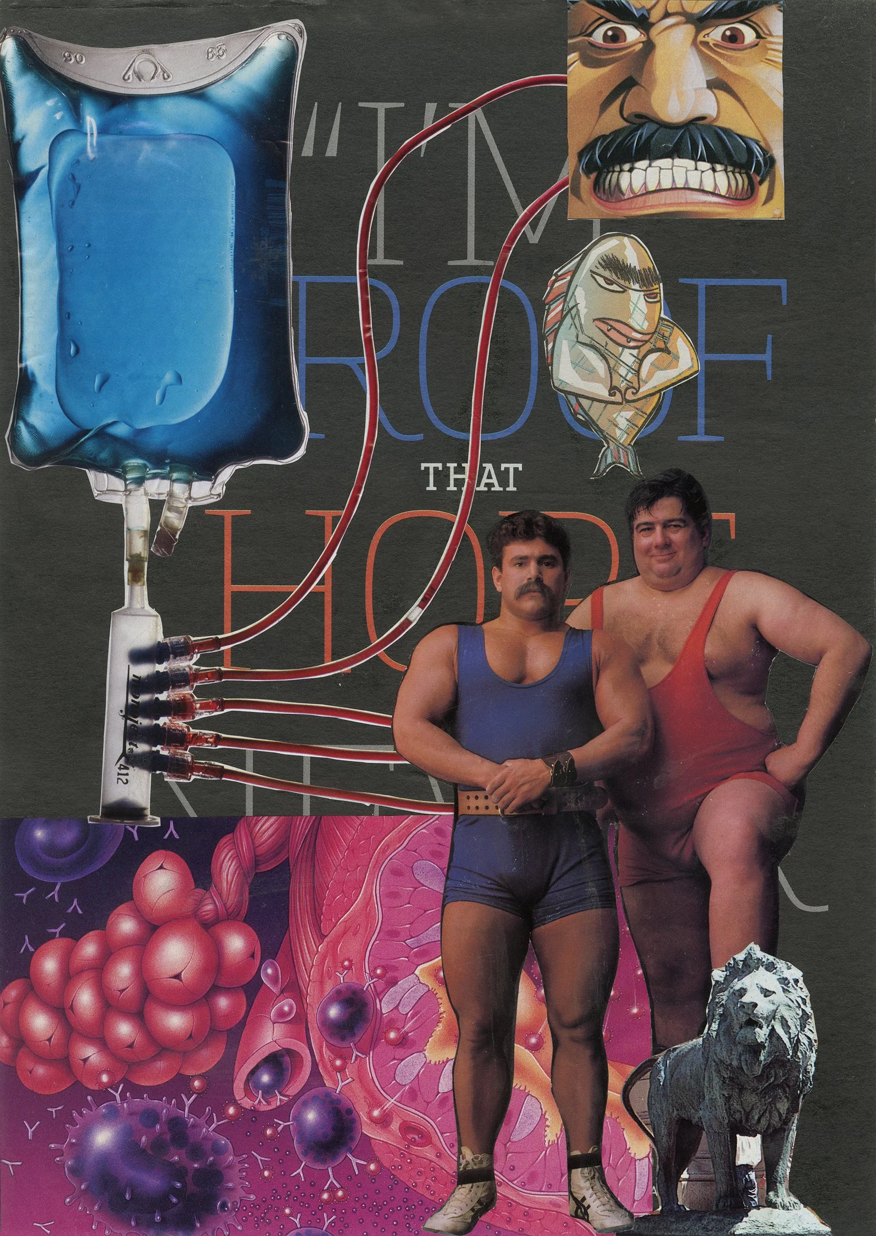 A collage combining images of two men in wrestling attire, a lion statue, a cartoon face, a cartoon Native American with crossed arms, a large blue IV bag, and microscopic images of cells and bacteria, with various abstract elements and text in the b