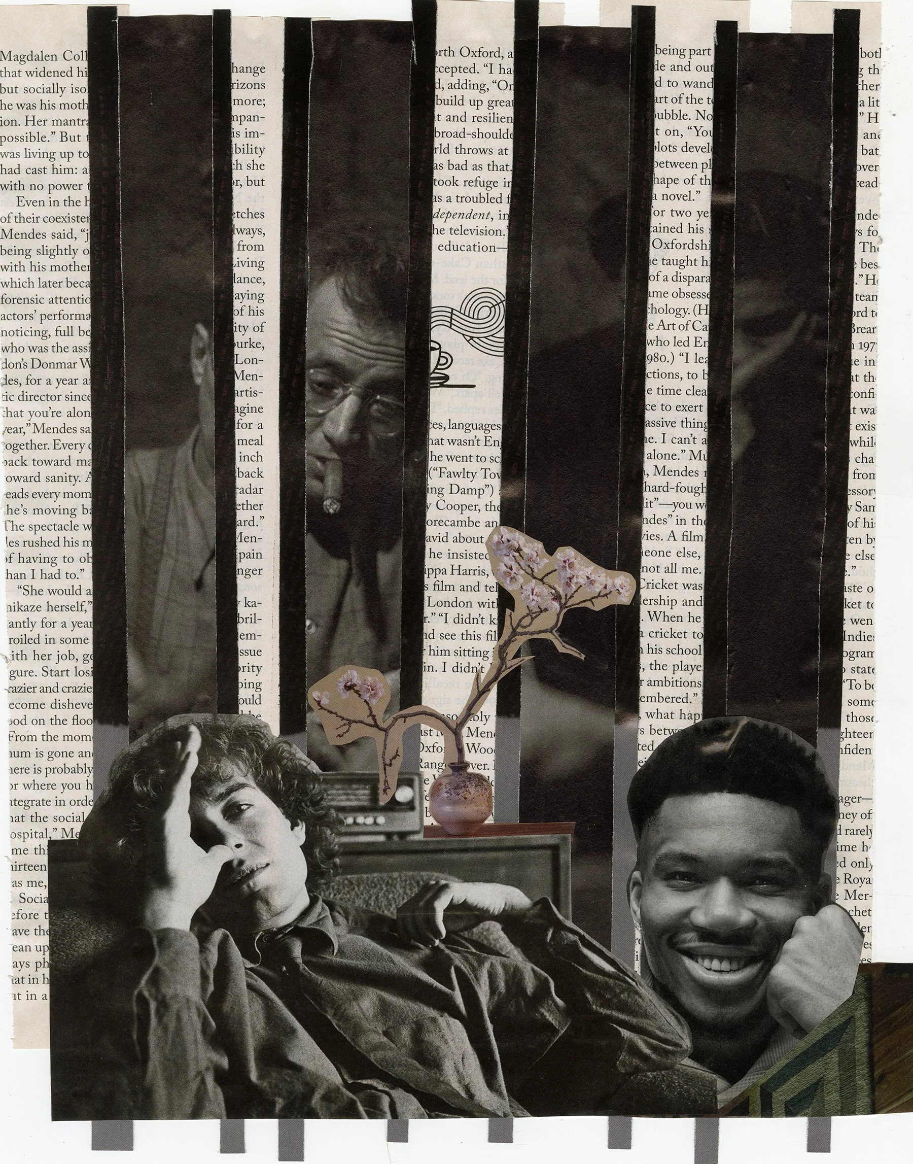 A collage of black and white photos of three people, with a background of newspaper text and vertical black strips. A small plant with pink blossoms sits on a table in front of the background.