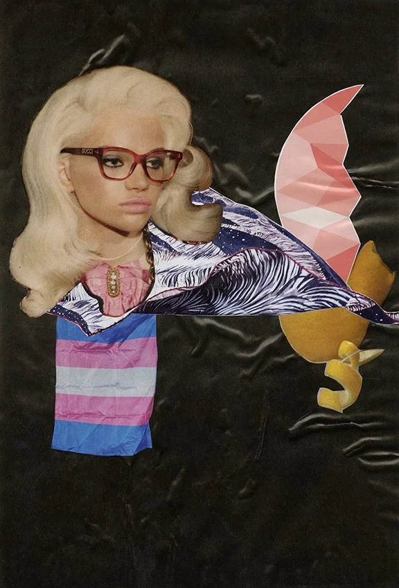 A collage featuring a woman with platinum blonde hair and red glasses, wearing a striped pink, white, and blue top, against a black background. Various cutouts of patterned and solid-colored paper make up her clothing and surrounding elements.