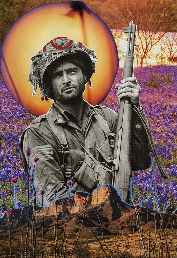 A collage featuring a black and white photo of a soldier holding a rifle in a colorful landscape background with orange mountains, purple flowers, and a large peach with a crack, blending elements of war and nature.