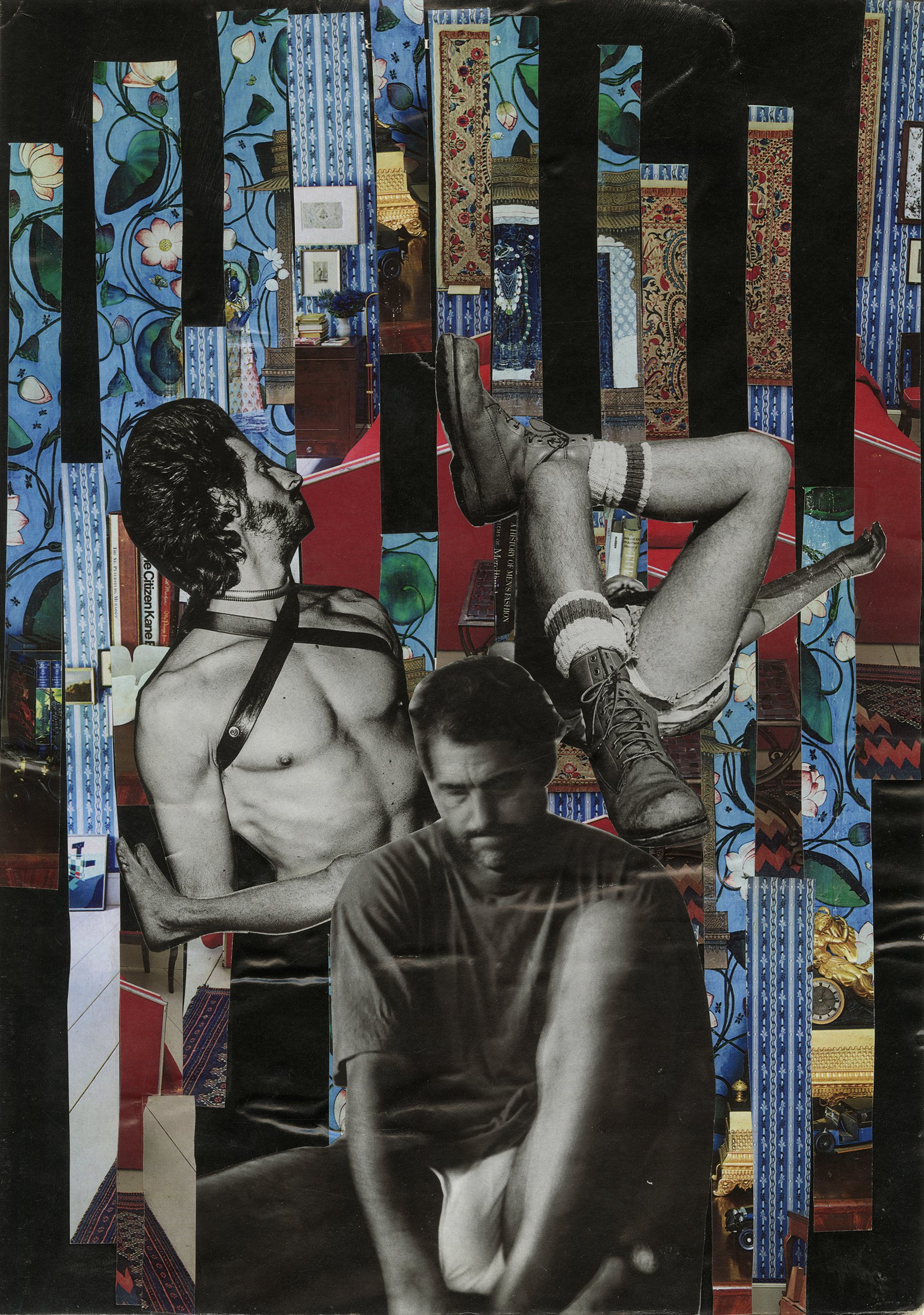 Collage featuring black-and-white photos of three men, two of them shirtless and one sitting with crossed arms, with a background of colorful, patterned and floral wallpaper and furniture.