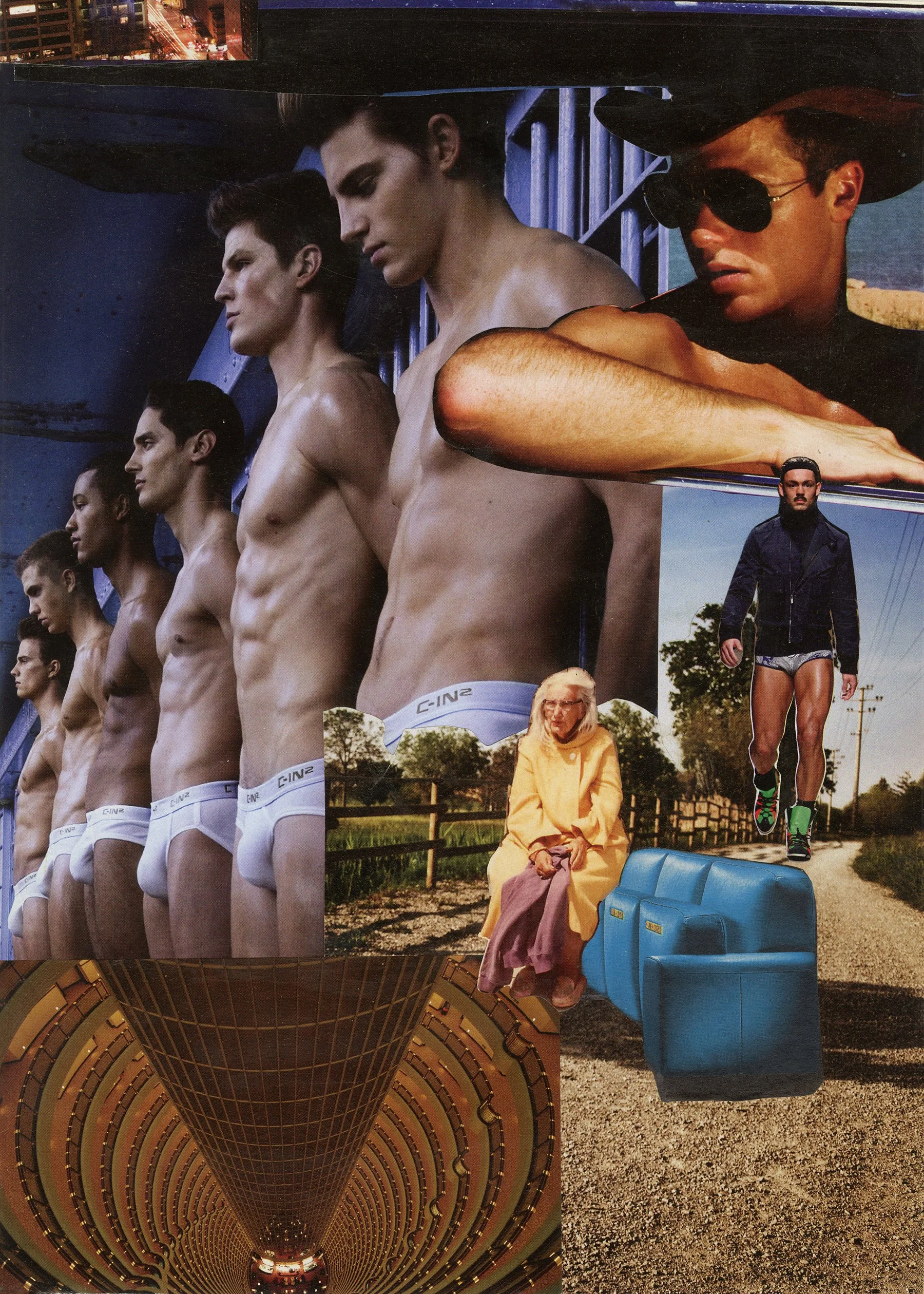 A collage of various images including shirtless men lined up in underwear, a woman sitting on a park bench with a man walking nearby, a tunnel, and a person in sunglasses and a wide-brimmed hat leaning on a metal structure.
