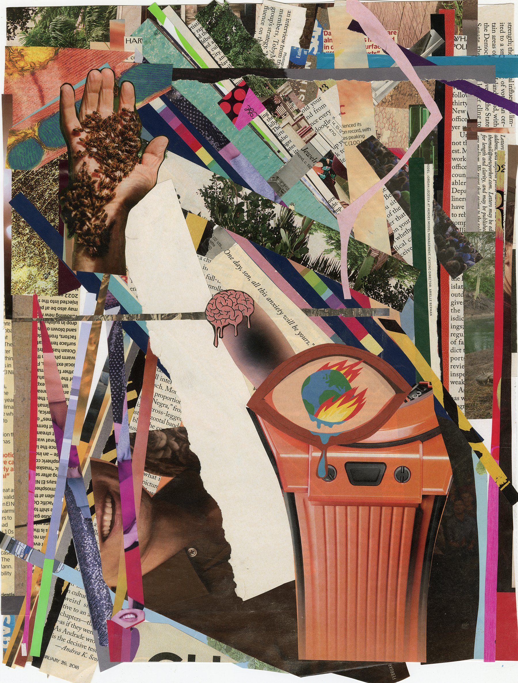 Collage with torn paper, magazine cutouts, and images including a person's hand with soil, a crying brain, an eye with the Earth on fire, a laughing person, and various abstract shapes and colors.