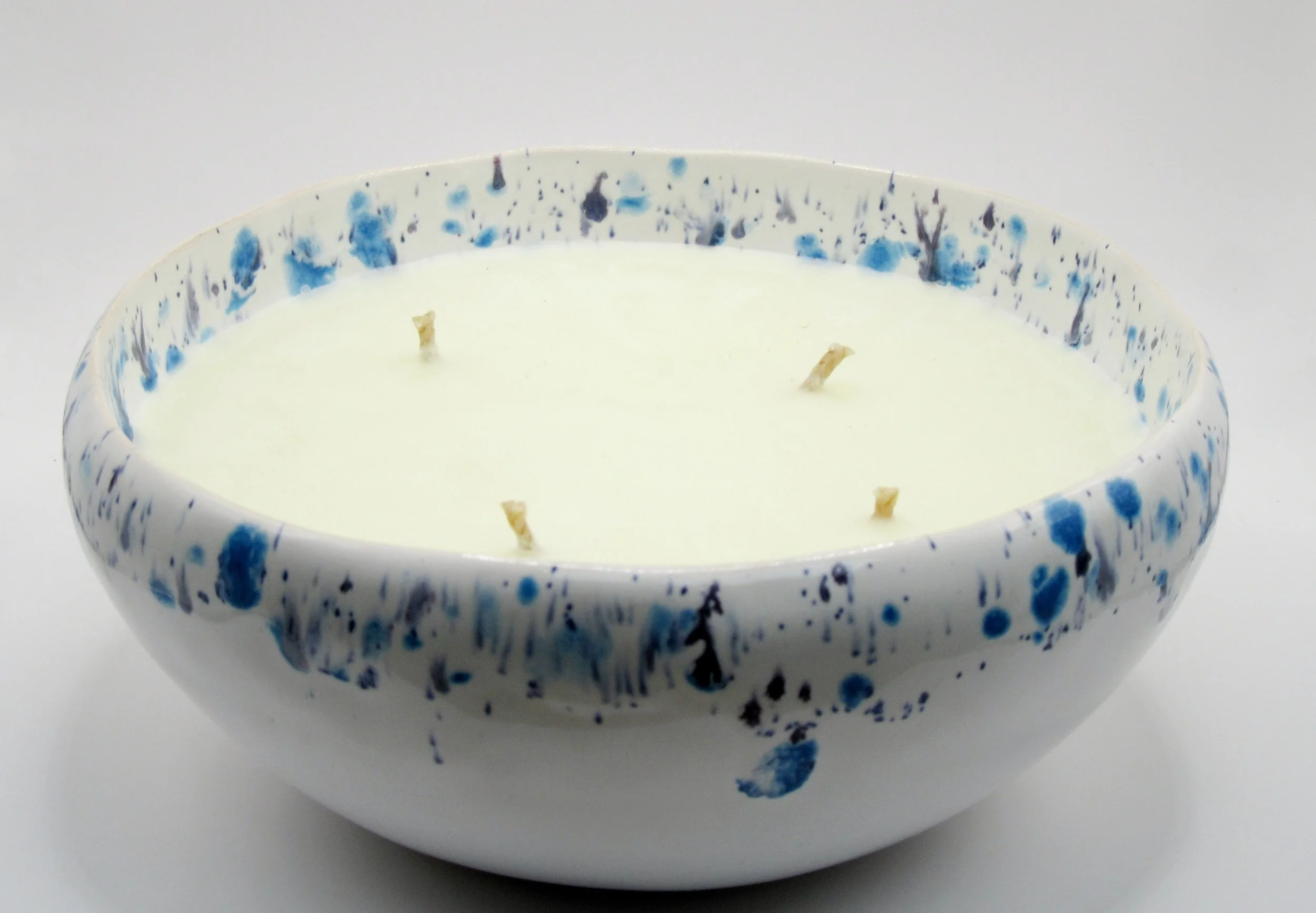 Large Ceramic Candle Bowl - White/ Blue Speckle