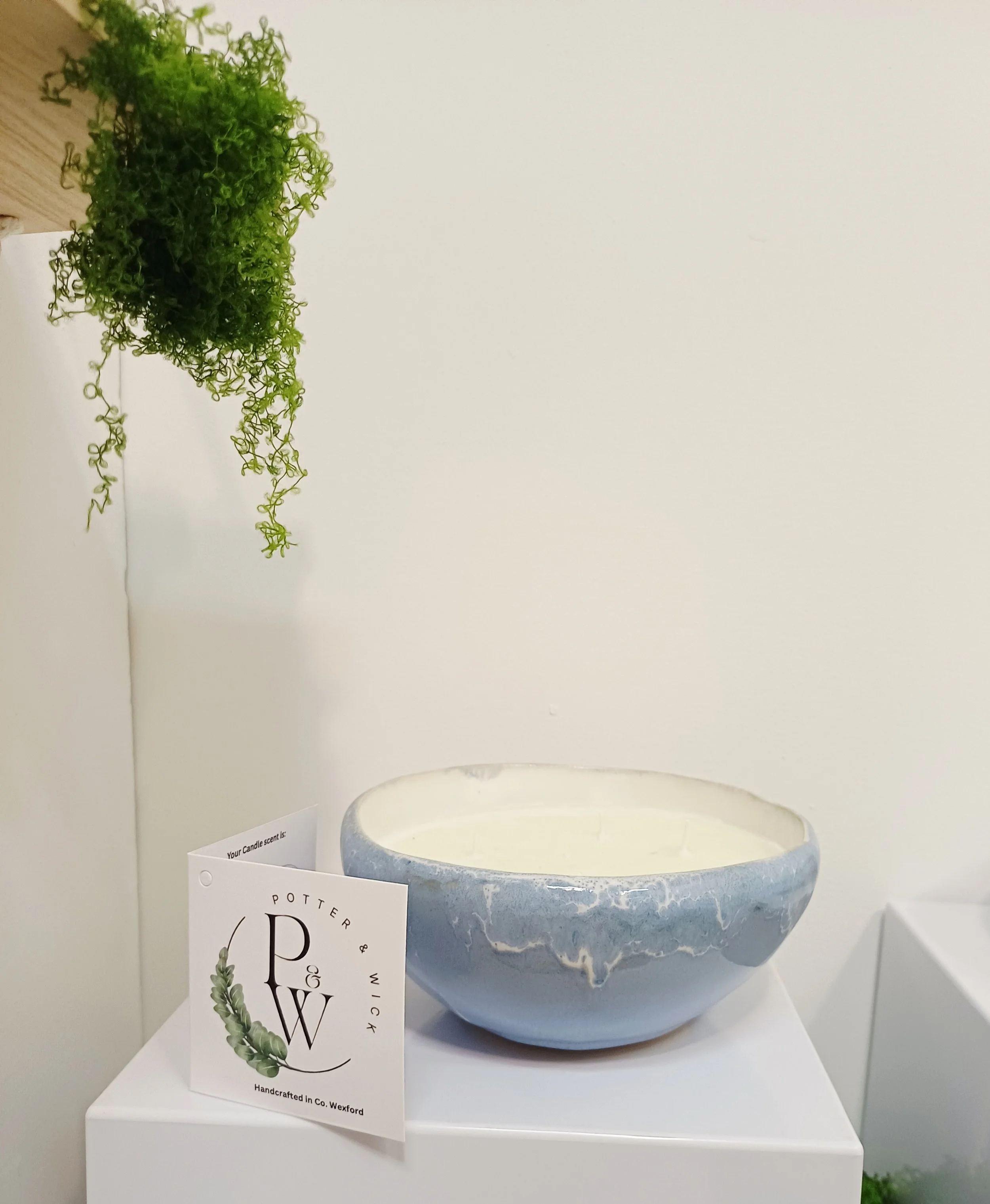 Blue and white marbled ceramic bowl with a cream-colored candle inside, placed on a white pedestal next to a small plant with curly green leaves and a company's business card with the logo 'Potter & Wick'.