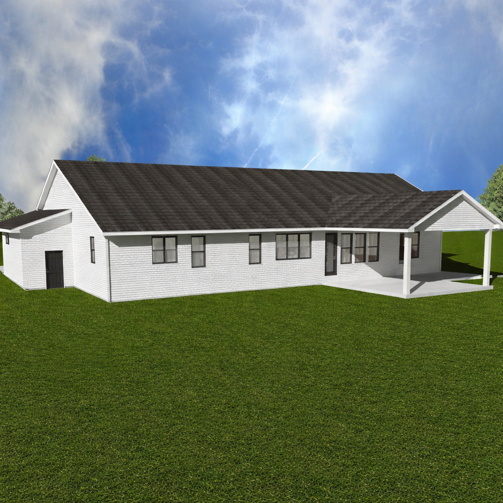 White house with a gable roof, black window frames, and a small covered porch on a grassy lawn under a blue sky with some clouds.