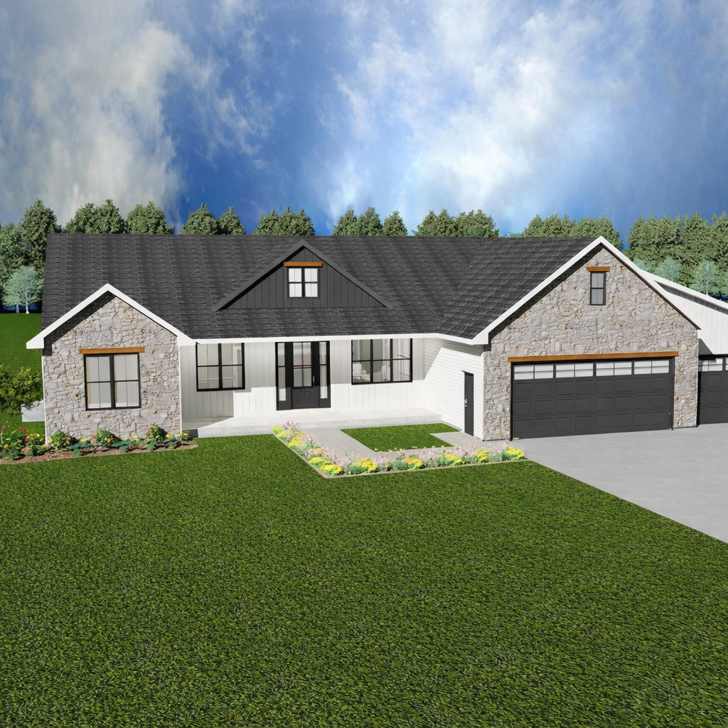 A modern house with a stone and white exterior, dark roof, large windows, a two-car garage, and a front lawn with flower beds under a partly cloudy sky.