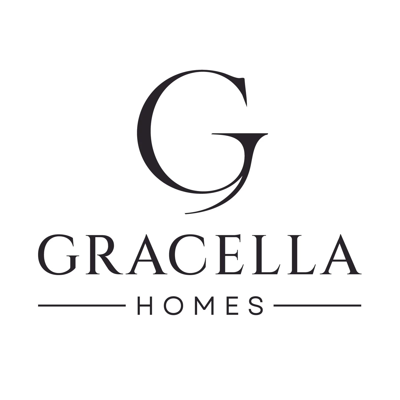Logo for Gracella Homes featuring a large stylized letter G above the company name in elegant font with horizontal lines on either side of the word 'Homes'.