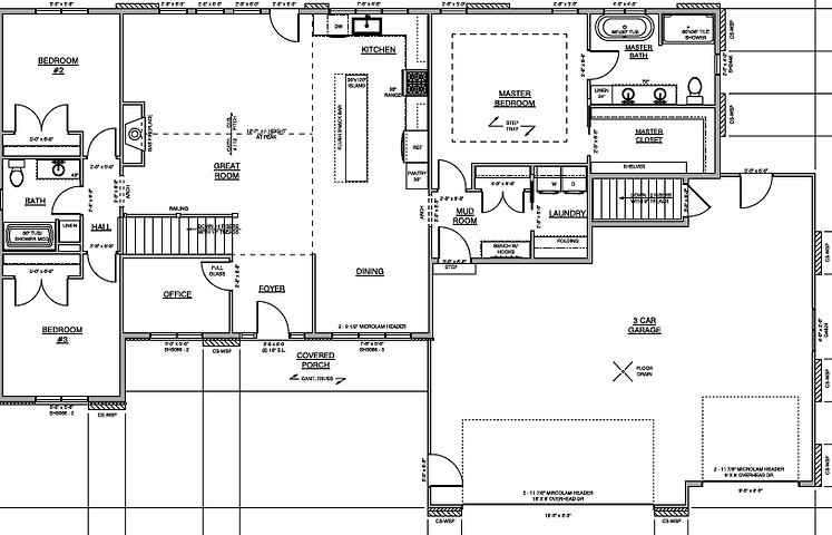 Floor plan of a house showing various rooms including bedrooms, bathrooms, kitchen, great room, office, laundry, garage, and entry areas, with detailed measurements and layout.