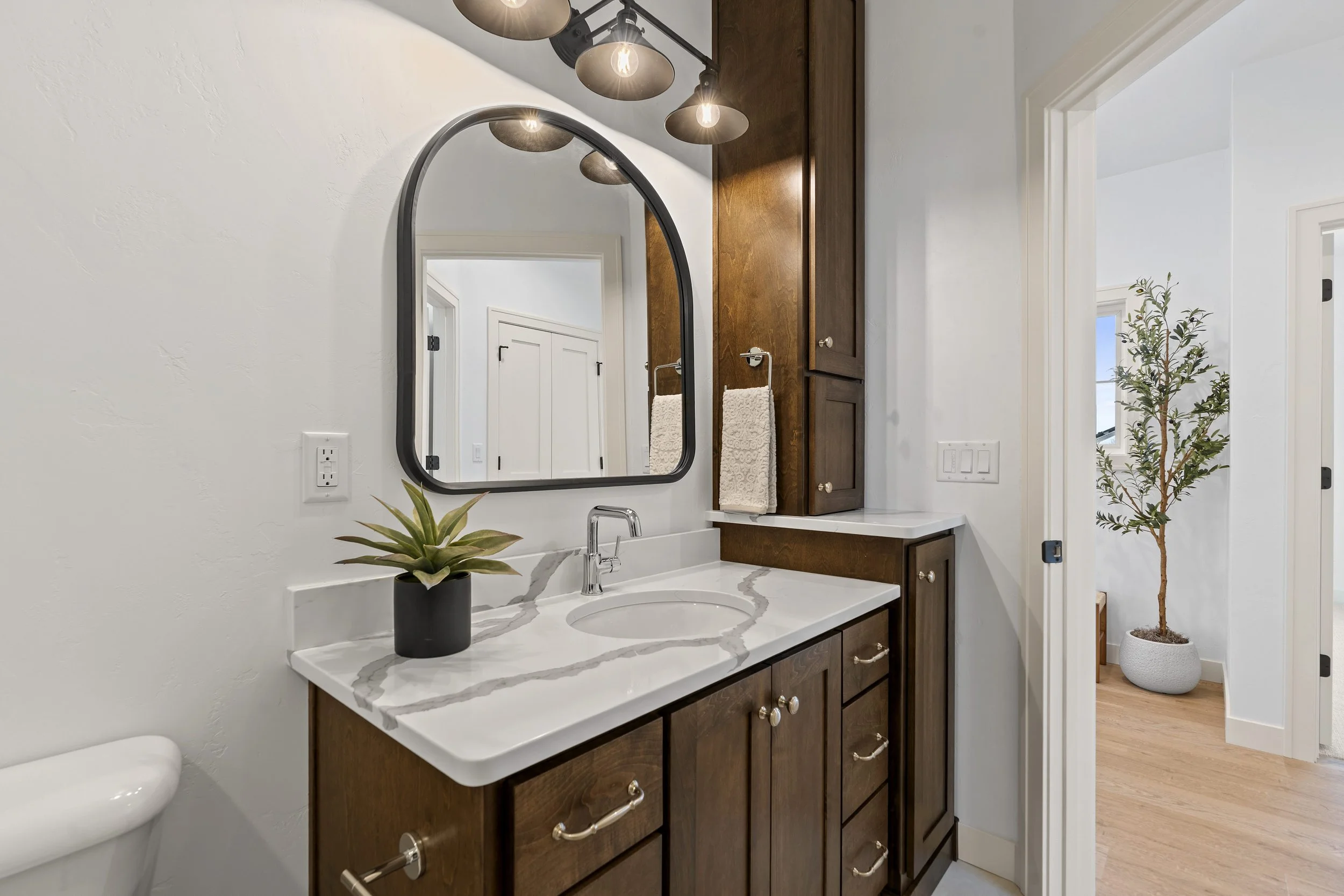 Bathroom vanity with a marble countertop, a sink, a mirror, wooden cabinets, a plant in a black pot, wall-mounted towel hooks, and a hanging white towel.