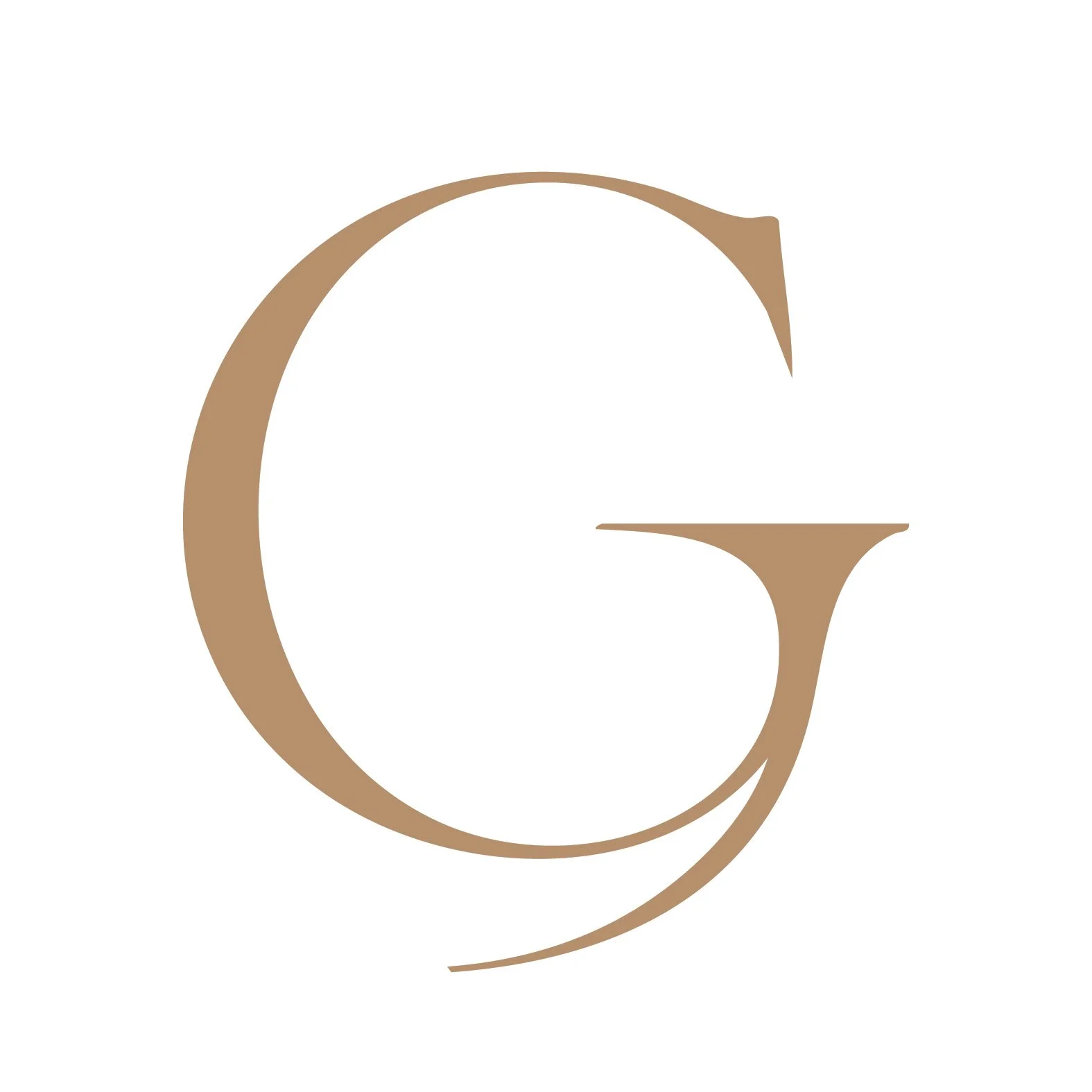 Stylized letter G in gold color on a white background.