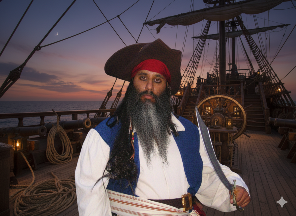 A man dressed as a pirate with a red bandana, large hat, long beard, white and blue shirt, holding a sword, on the deck of a pirate ship during sunset.