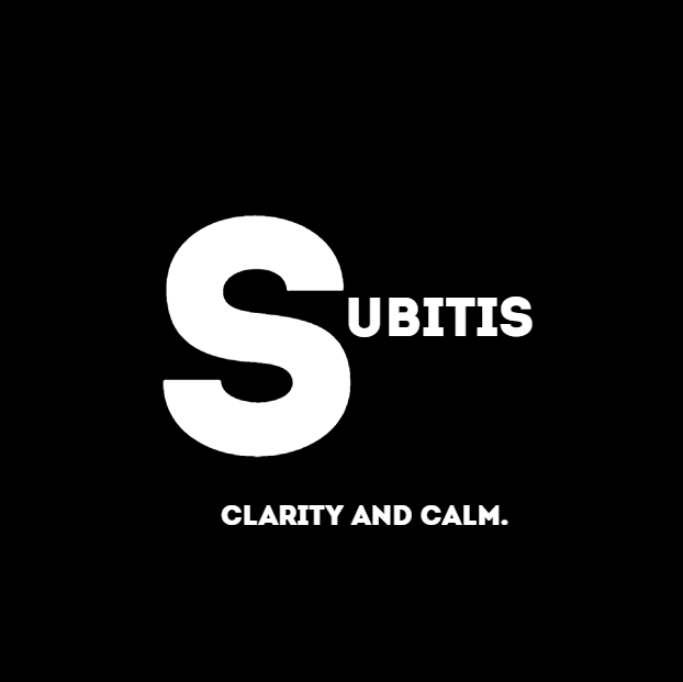 Black background with large white letter S, the word SUBITIS partially overlaid on the S, and the phrase CLARITY AND CALM below.