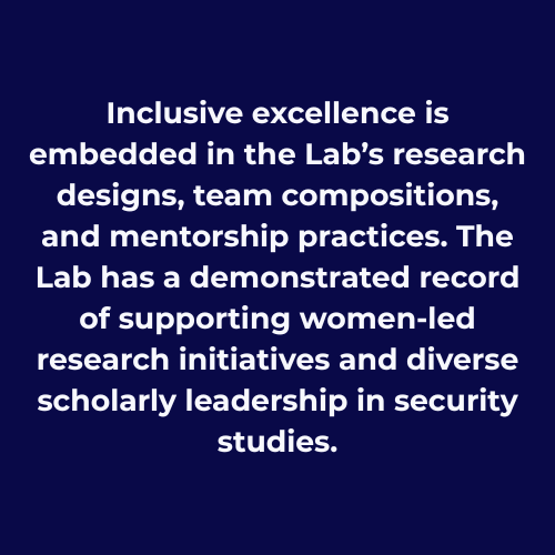 Text on a dark blue background emphasizing inclusive excellence and women's leadership in security studies research.