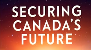 Text reading 'Securing Canada's Future' with a background of stars and a gradient from dark red to orange.
