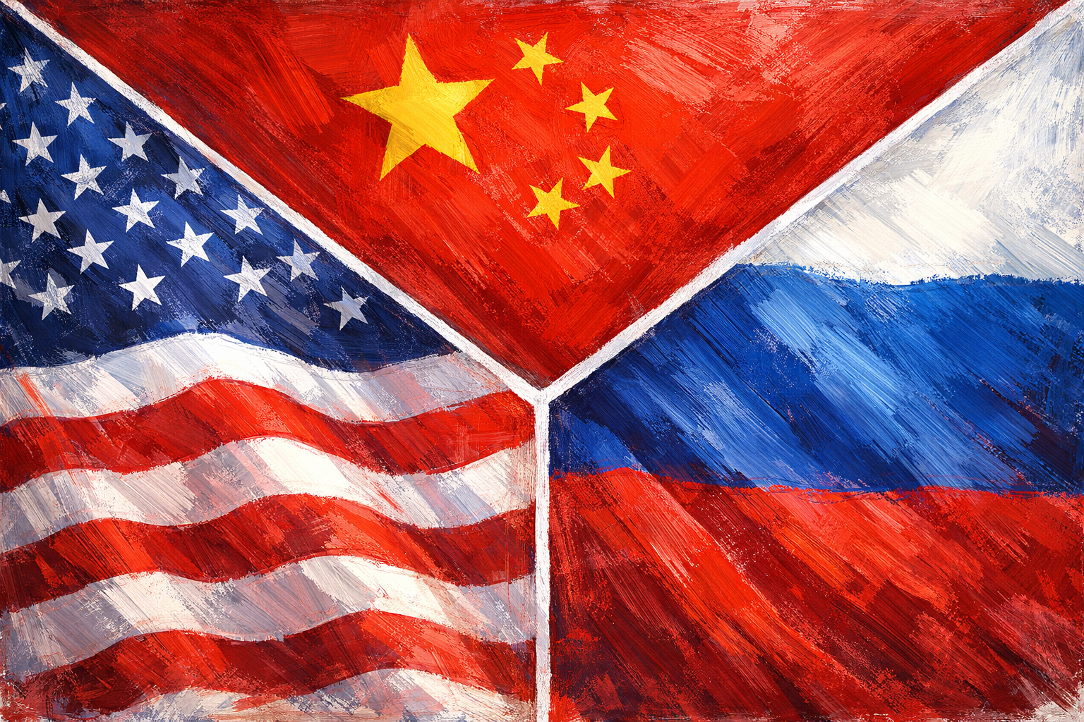 Painting of the flags of the United States, China, Russia, and North Korea with brushstroke texture.
