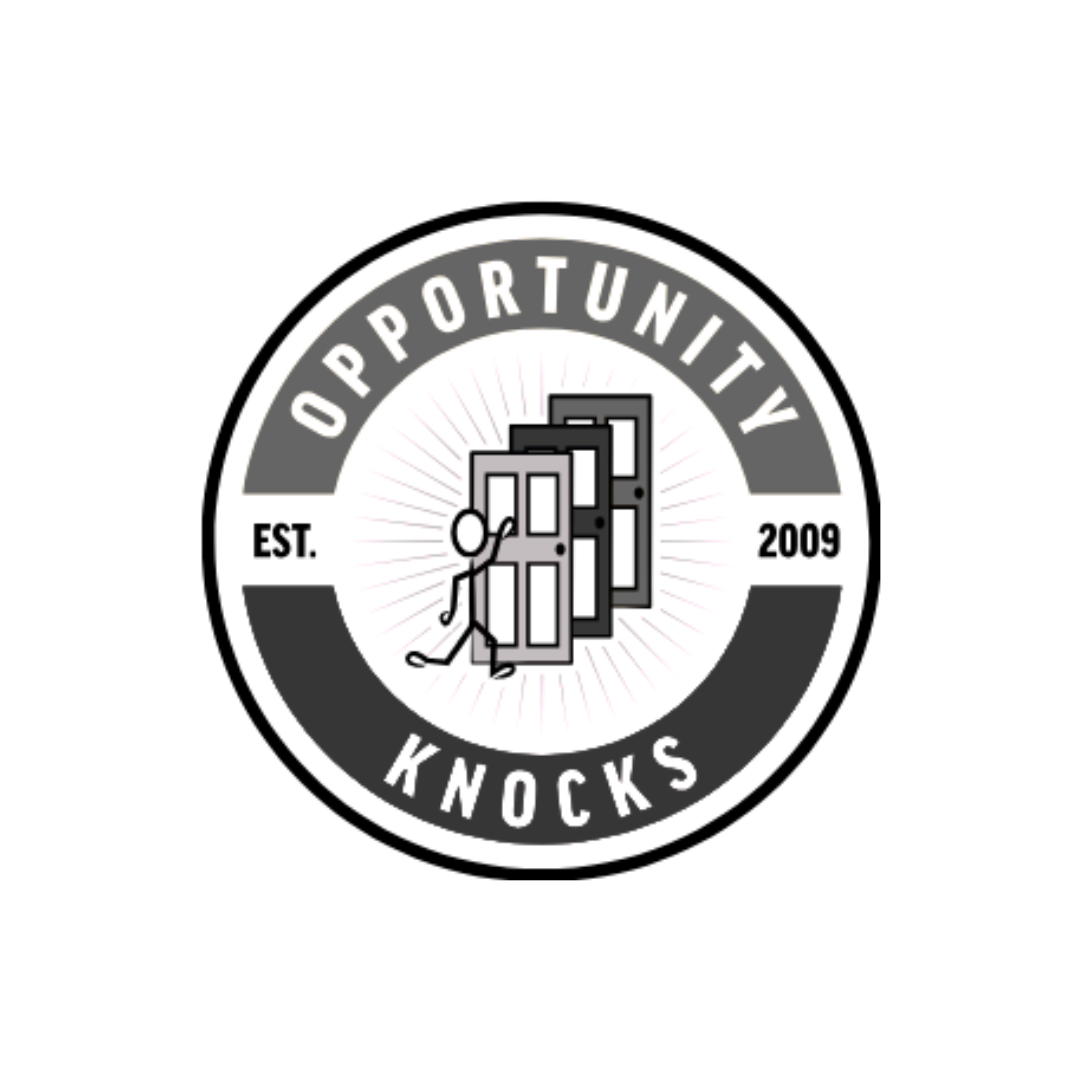 A circular logo with the words 'Opportunity Knocks' and 'EST 2009' surrounding a design of a person knocking on a series of doors.