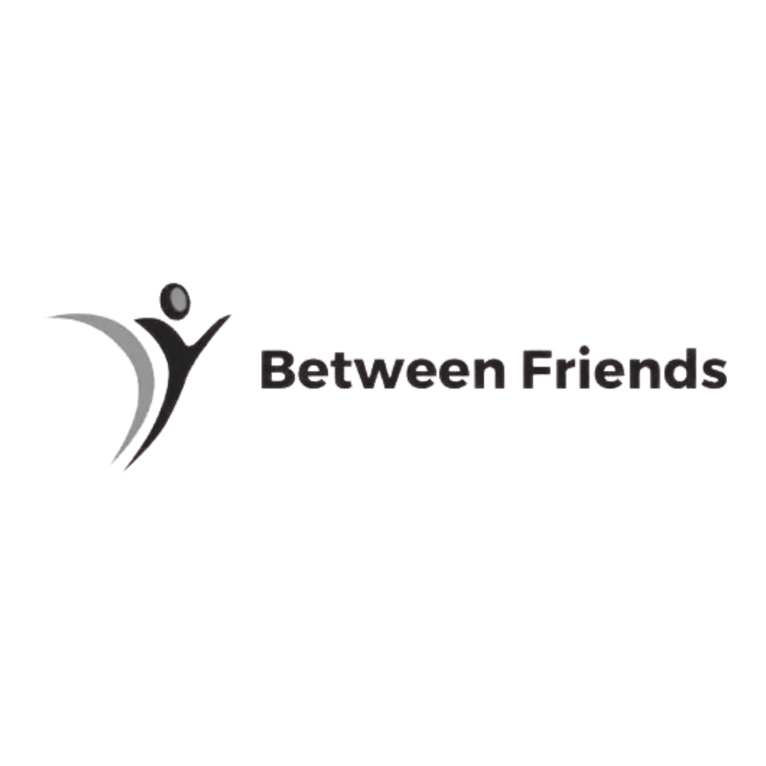 Logo with abstract human figure and the words "Between Friends"