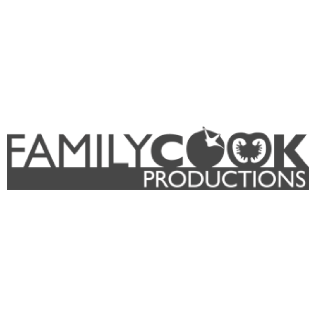 Logo for Family Cook Productions featuring stylized text with a tomato and a crossed kitchen utensil, along with a pie chart and a virus icon.