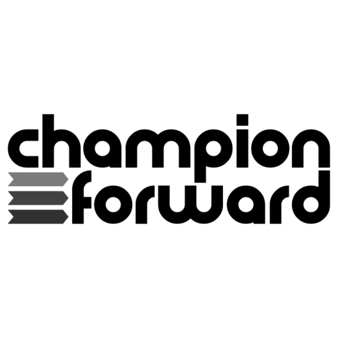 Logo with the words "champion forward" in bold black letters, with three gray horizontal bars on the left side.