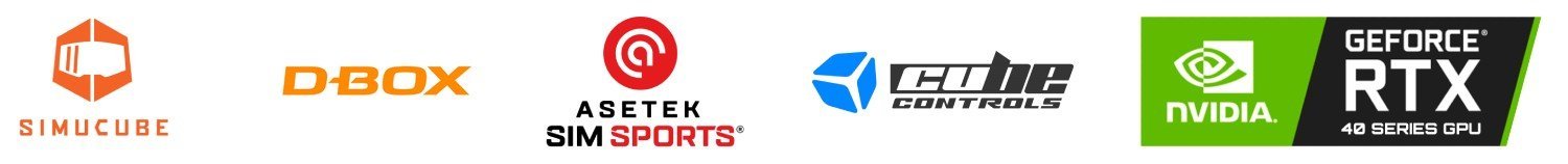 Logos of tech and gaming companies including Simucube, D-Box, Asetek, Core Controls, Nvidia GeForce RTX 40 Series GPU, and a red circle with a white symbol in the center.