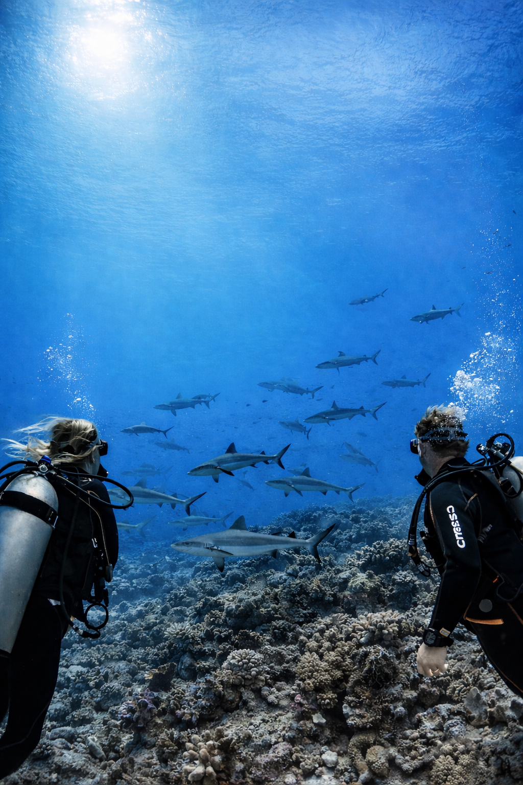 Plongée sous-marine à Fakarava en Polynésie française, célèbre pour ses requins et récifs coralliens