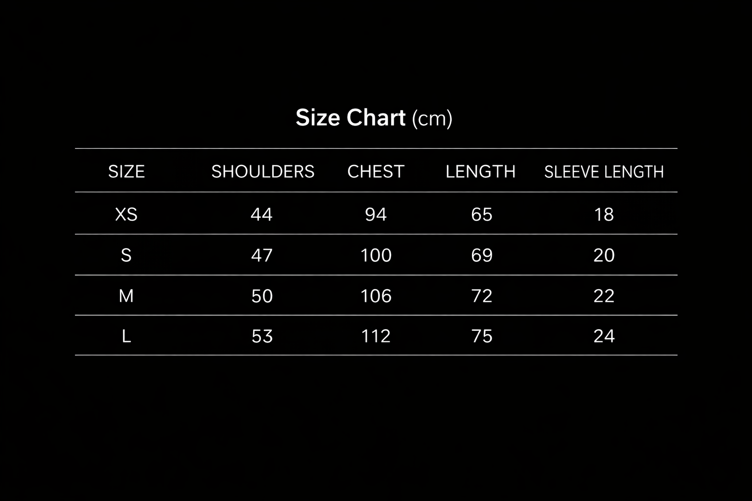 Size chart for clothing with measurements in centimeters, including sizes XS, S, M, and L. Columns for shoulders, chest, length, and sleeve length.