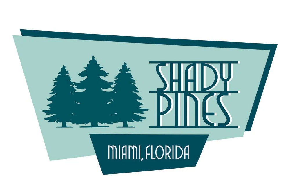 Logo for Shady Pines in Miami, Florida, featuring three pine trees with stylized text.