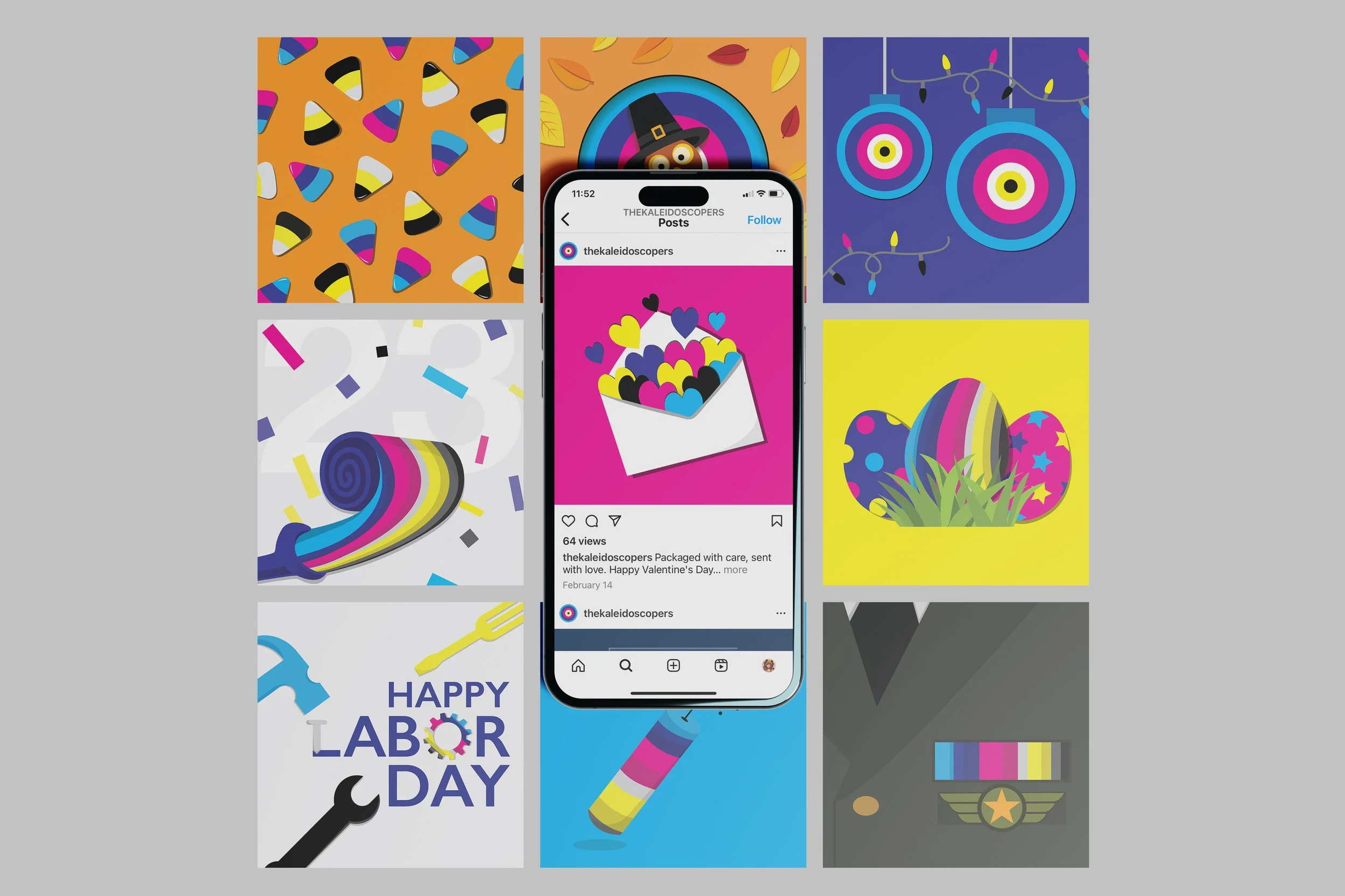 A collage of colorful illustrations related to holidays and celebrations, including candy corns, a witch's hat, target circles, an Easter egg with grass, a hammer and screwdriver crossing each other under the words "HAPPY LABOR DAY" with a gear, and a pencil with a rainbow stripe, with a central smartphone screen showing a Valentine's Day Instagram post from "thekaleidoscopers" featuring a box of hearts.