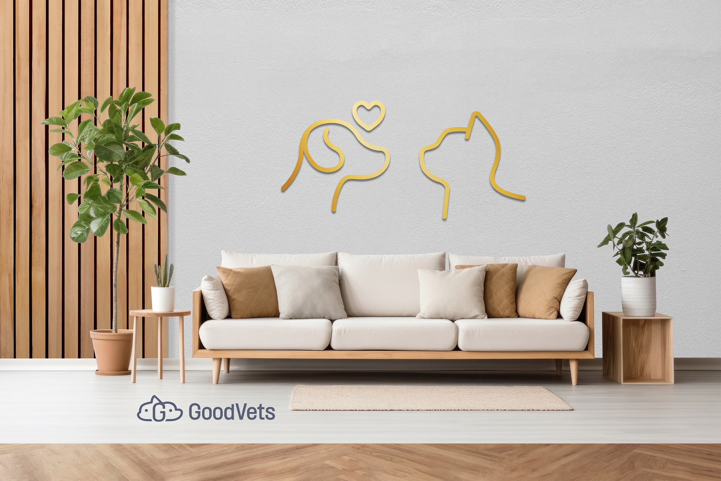 Modern living room with a white sofa, beige and brown cushions, two potted plants on wooden side tables, a wooden slat wall on the left, a minimalist gold dog and cat line art on the wall, and the text 'GoodVets' with a dog and cat icon at the bottom left.