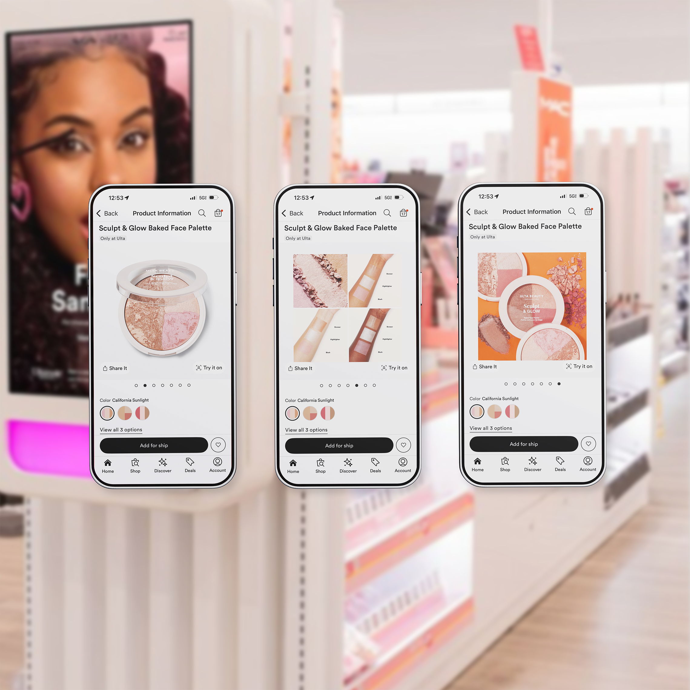 Three smartphones displaying makeup product pages in a store aisle. The screens show palette products with shades and packaging details.