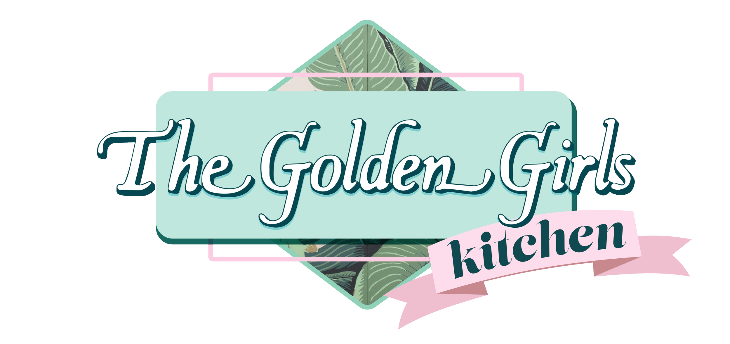 Decorative logo with the text 'The Golden Girls kitchen' over a pastel-colored background with leaves and a pink ribbon banner.
