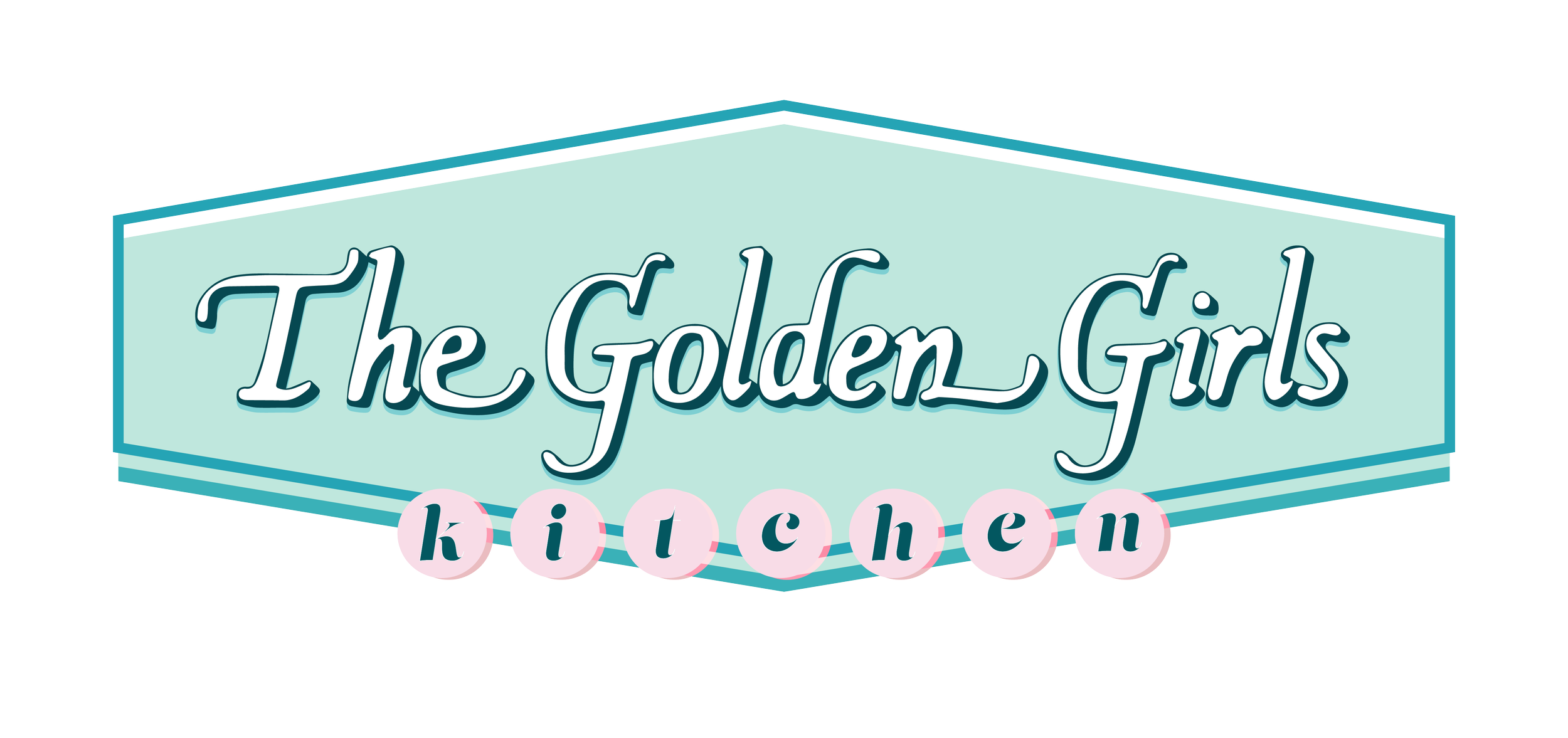 Logo for The Golden Girls Kitchen with teal banner, pink circles spelling out 'kitchen', and pastel colors.