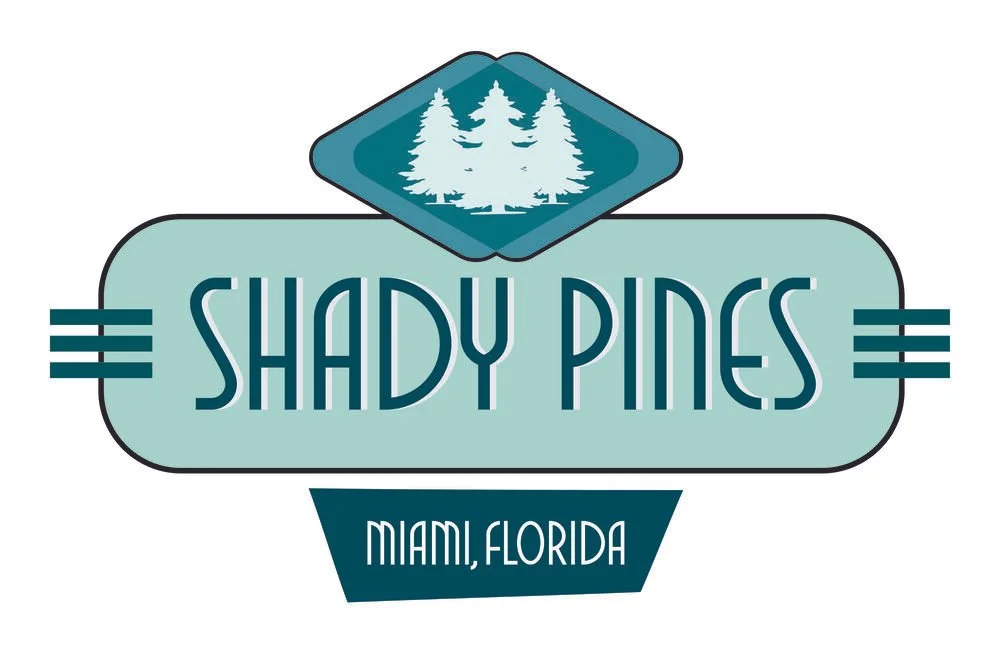 Logo for Shady Pines with stylized pine trees and text 'Miami, Florida' underneath.