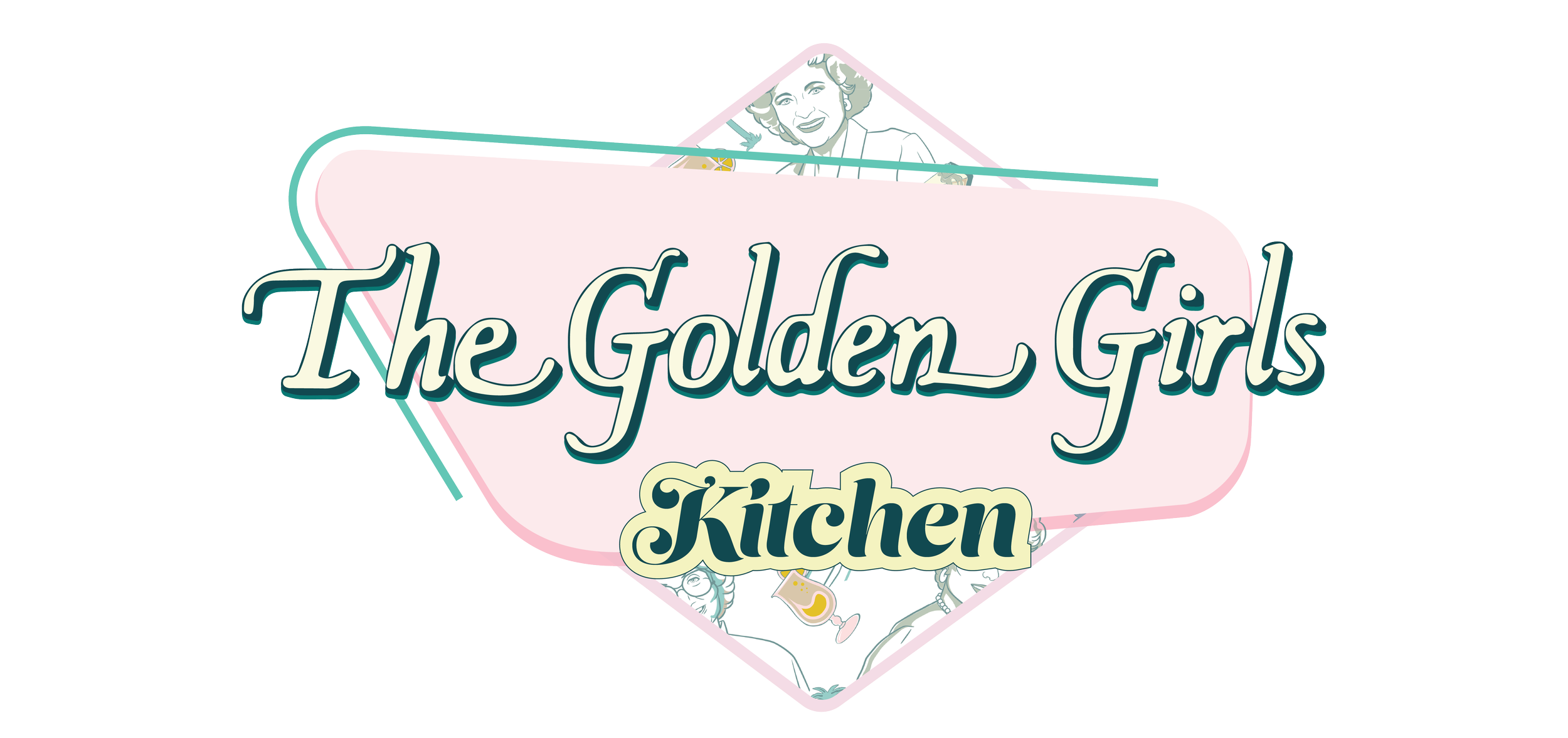 Logo of The Golden Girls Kitchen featuring stylized text and illustrations of the four main characters.