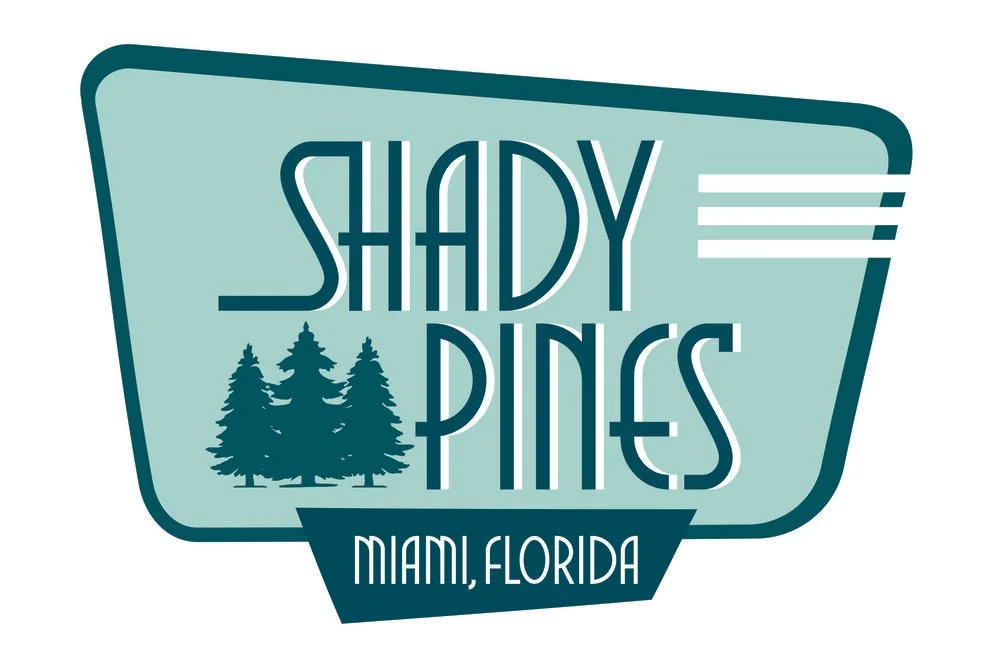 Logo for Shady Pines in Miami, Florida, featuring stylized pine trees and a retro design.