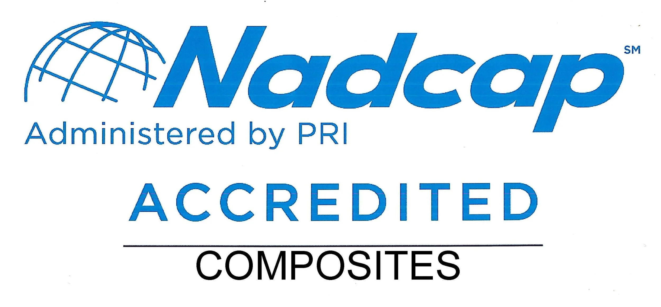 Logo of Nadcap, an accreditation body, with a blue globe icon, blue text, and black and blue below text indicating accreditation for composites.